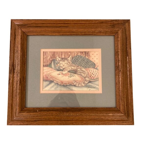 Watercolor Painting Of Cat Kitten Sleeping On Pillows Signed JT Poland - Picture 2 of 7